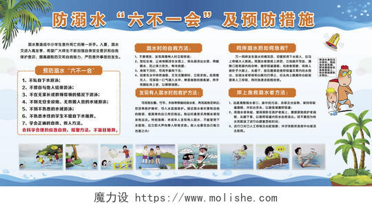 防溺水展板防溺水措施蓝色卡通游泳预防溺水安全措施防溺水六不一会